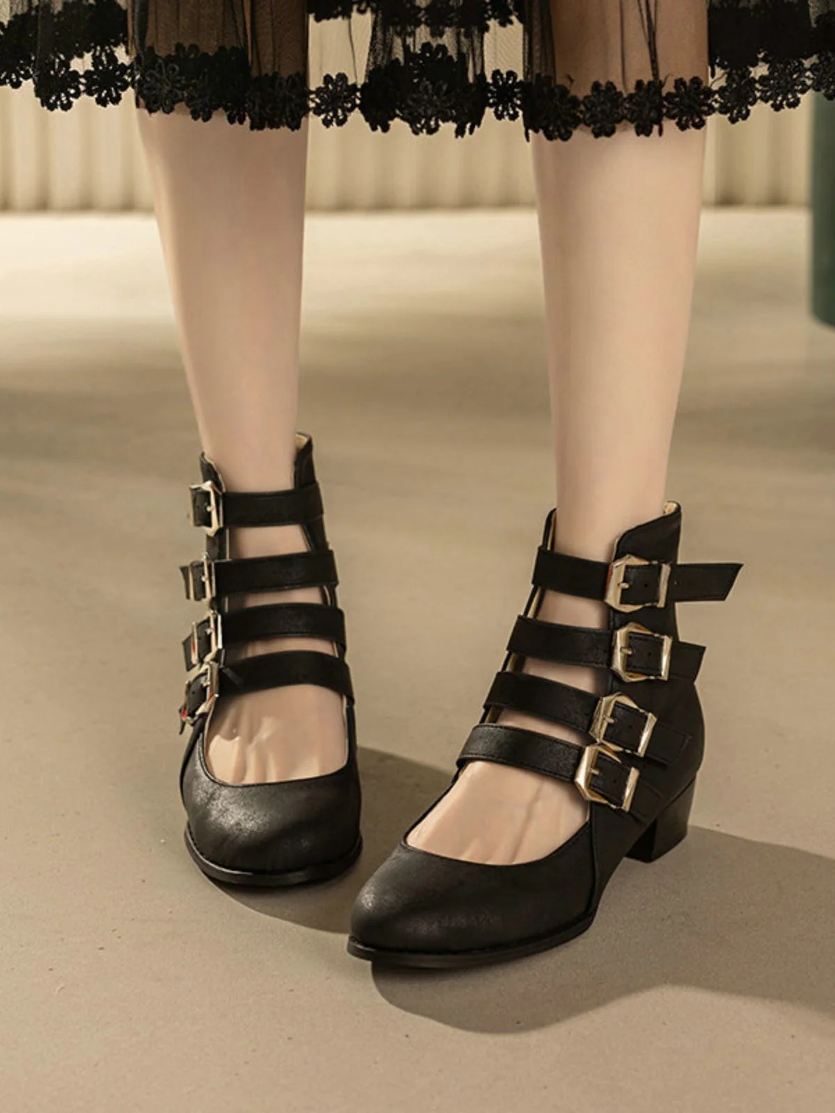 Round Toe Low Chunky Heel Cut-Out Boots - Image 5