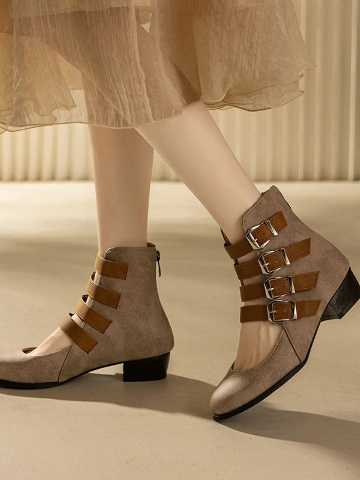 Round Toe Low Chunky Heel Cut-Out Boots - Image 9