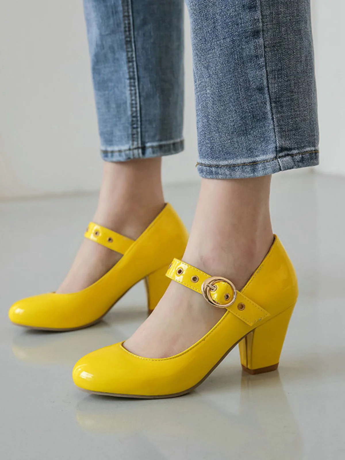 Round Toe Patent Leather Buckle High Heels - Image 10