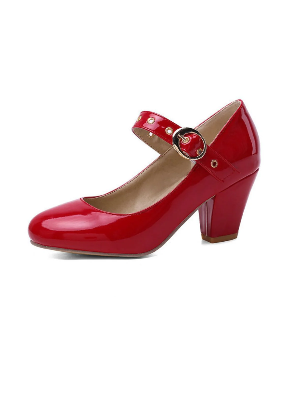 Round Toe Patent Leather Buckle High Heels - Image 2