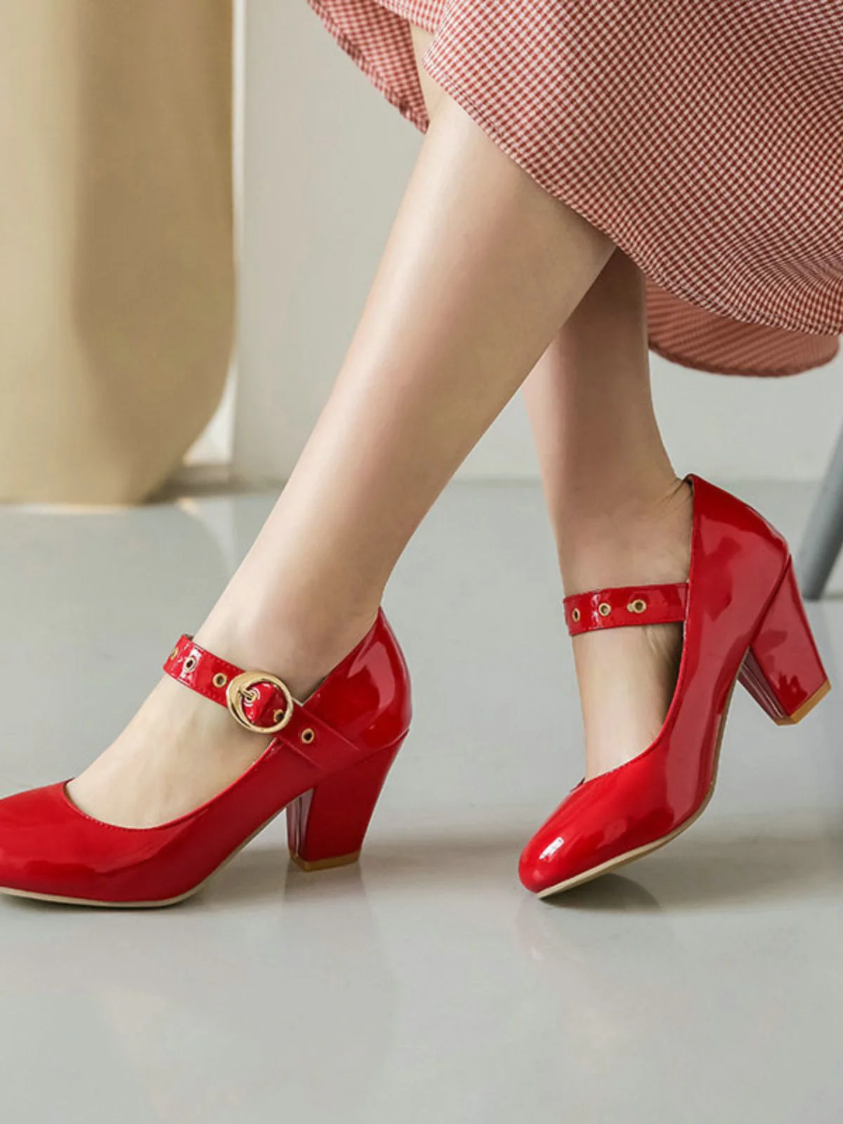 Round Toe Patent Leather Buckle High Heels - Image 3