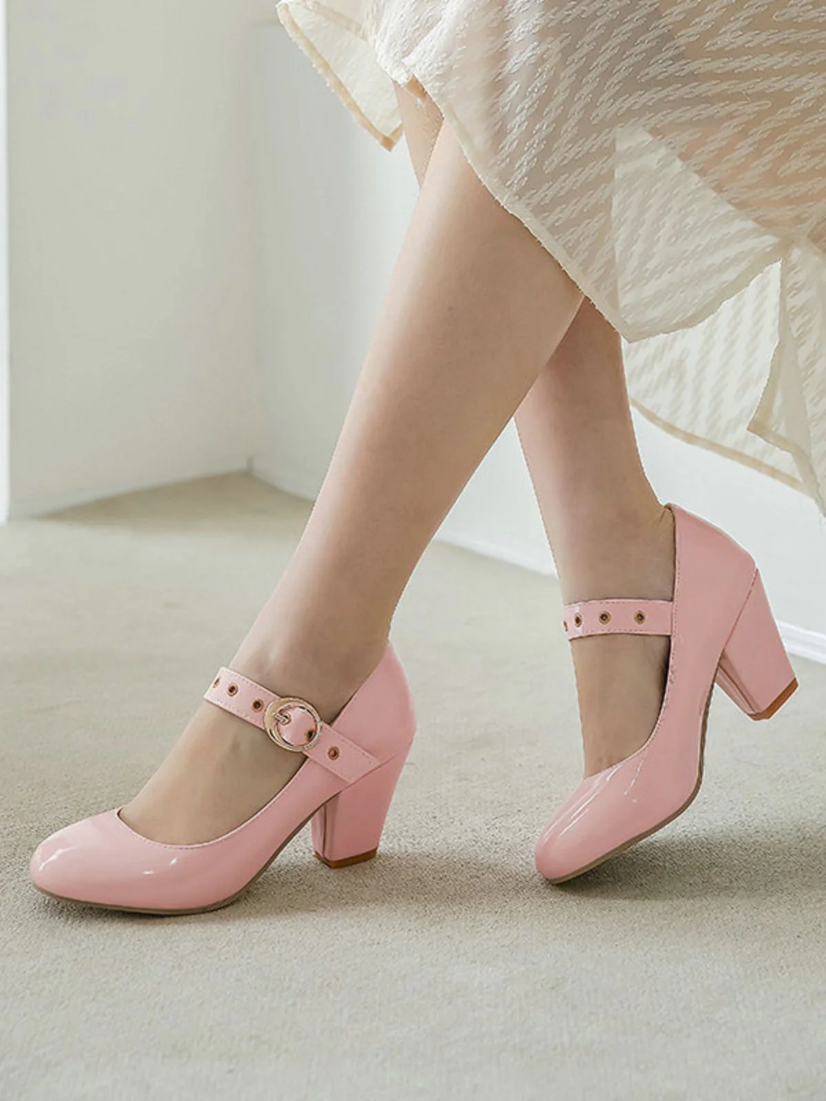 Round Toe Patent Leather Buckle High Heels - Image 5