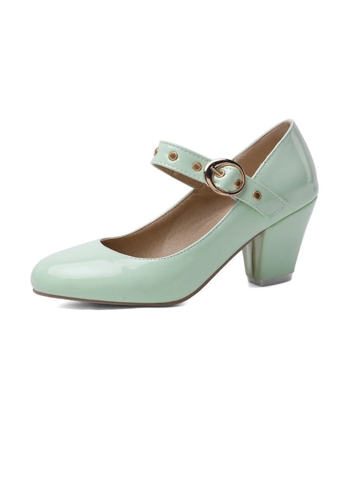 Round Toe Patent Leather Buckle High Heels - Image 6