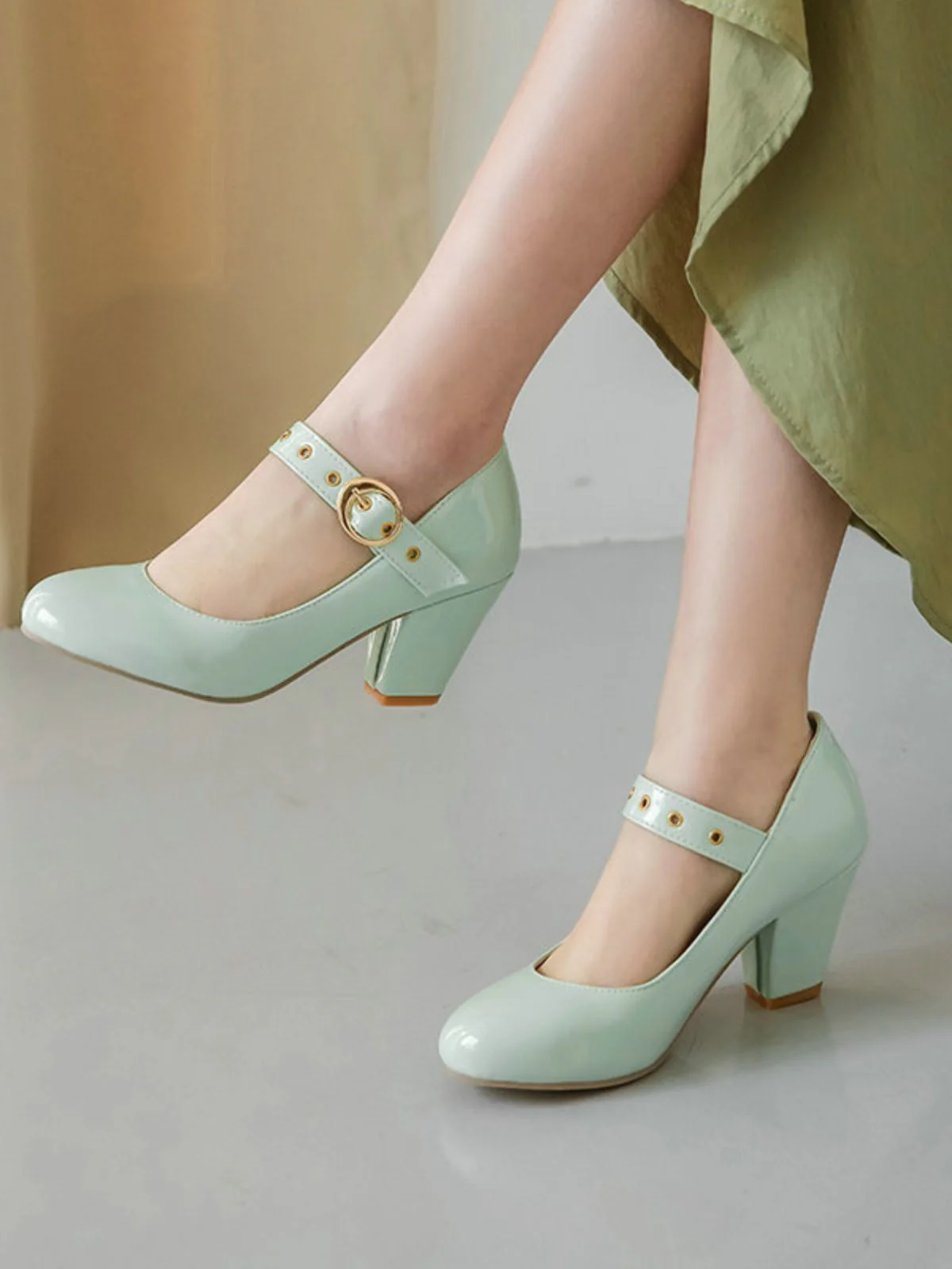 Round Toe Patent Leather Buckle High Heels - Image 7