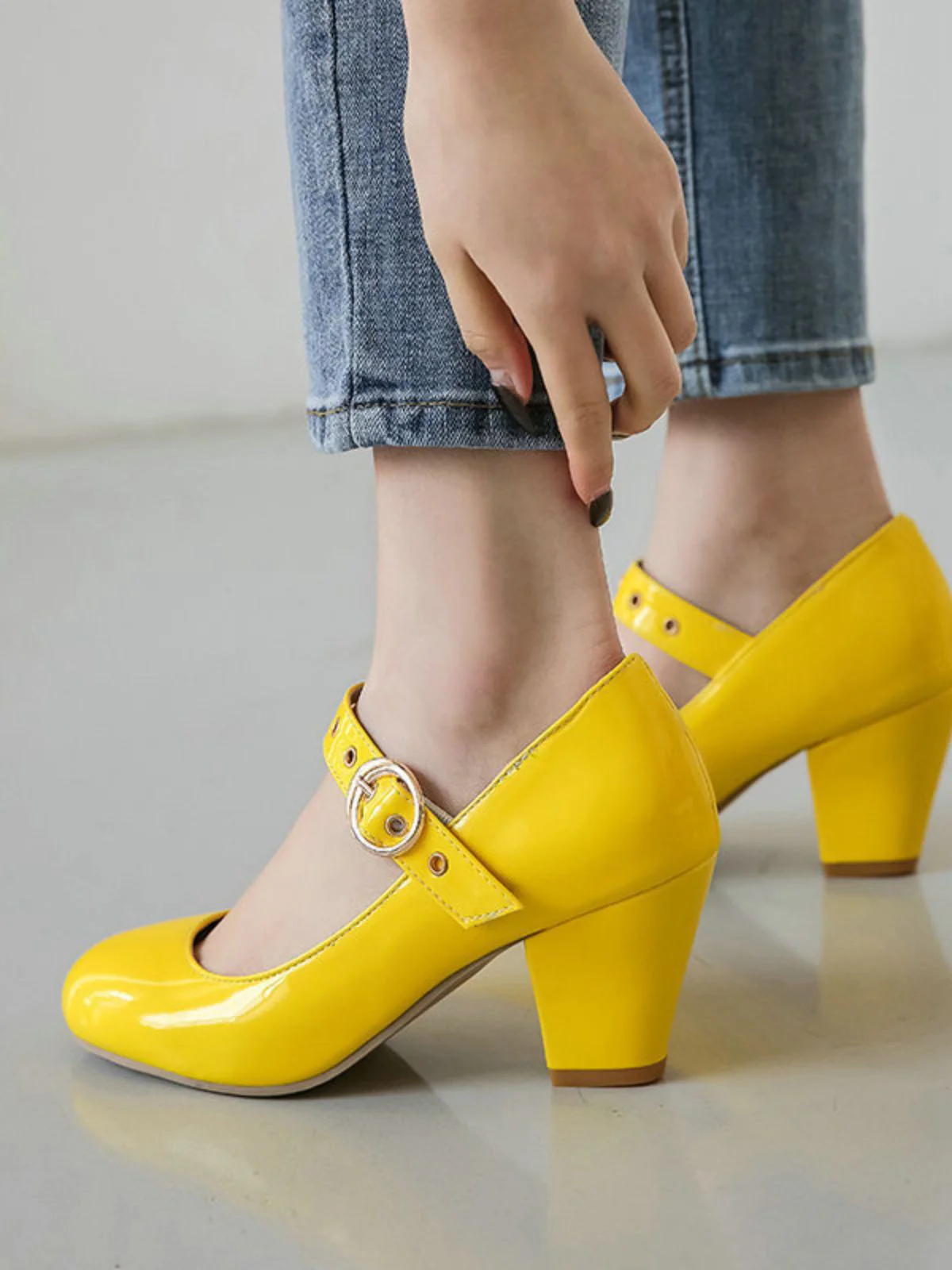Round Toe Patent Leather Buckle High Heels - Image 9