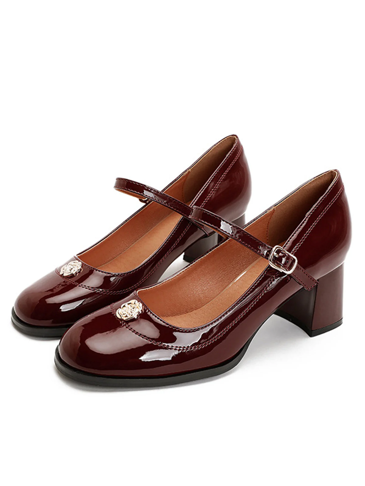 Round Toe Patent Leather Mid-Heeled Shoes - Image 5