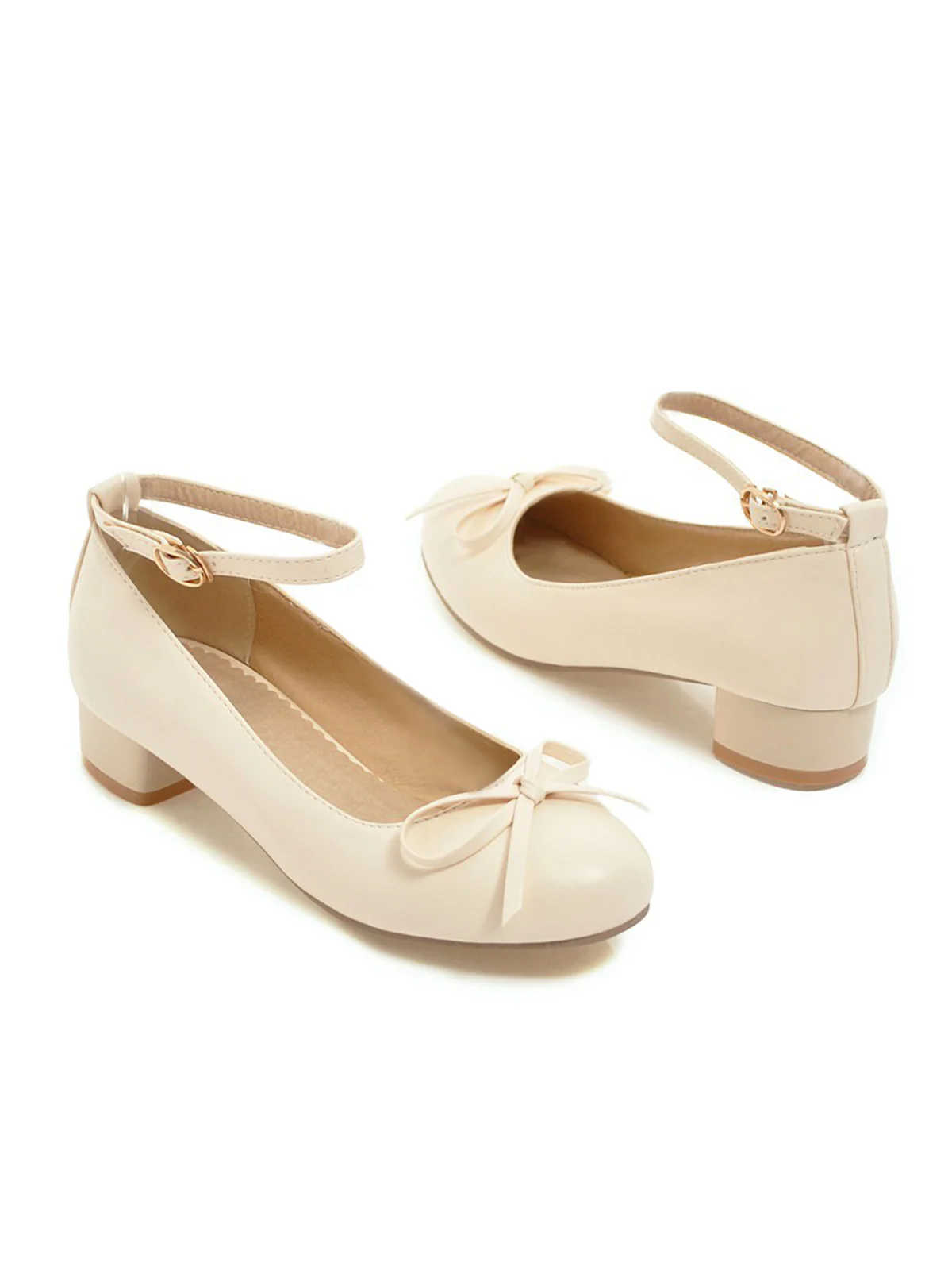 Round Toe Solid Buckle Bow High Heels - Image 3