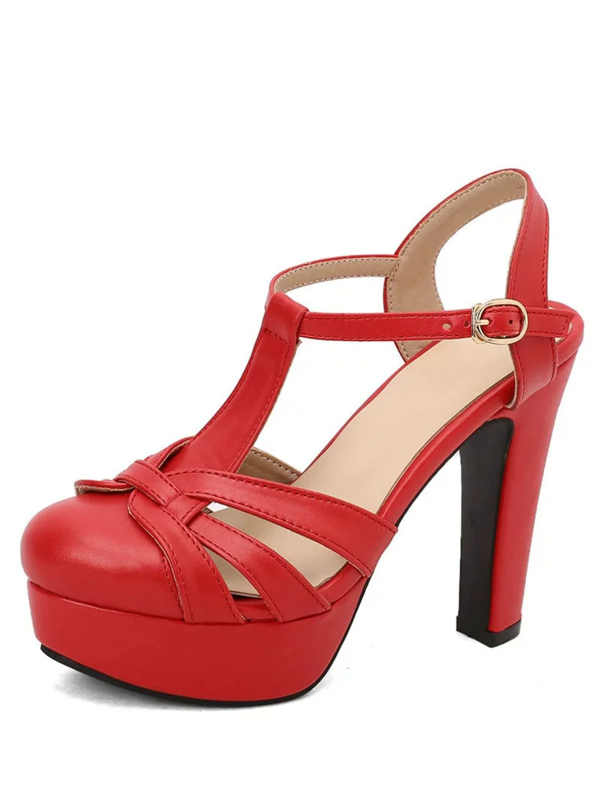Round Toe T-Strap Chunky Block Heel Platform Sandals - Image 10
