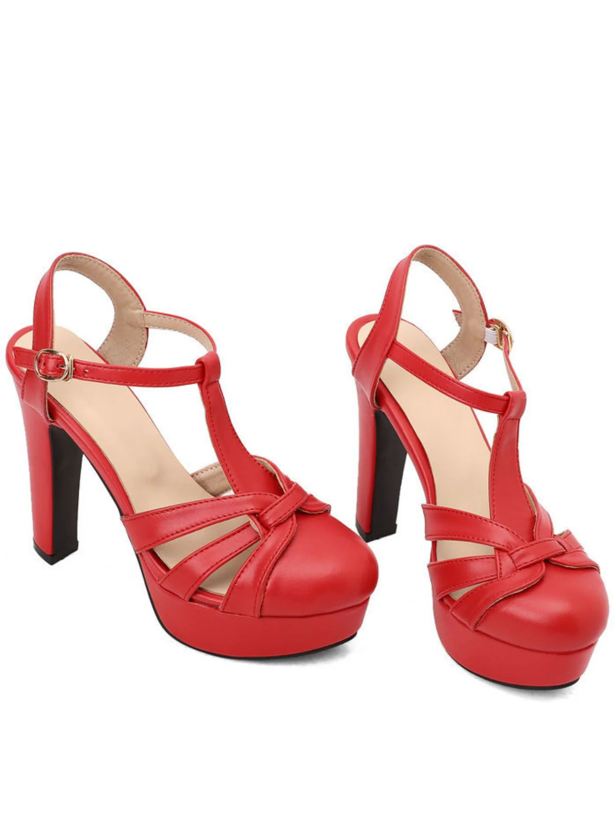 Round Toe T-Strap Chunky Block Heel Platform Sandals - Image 11