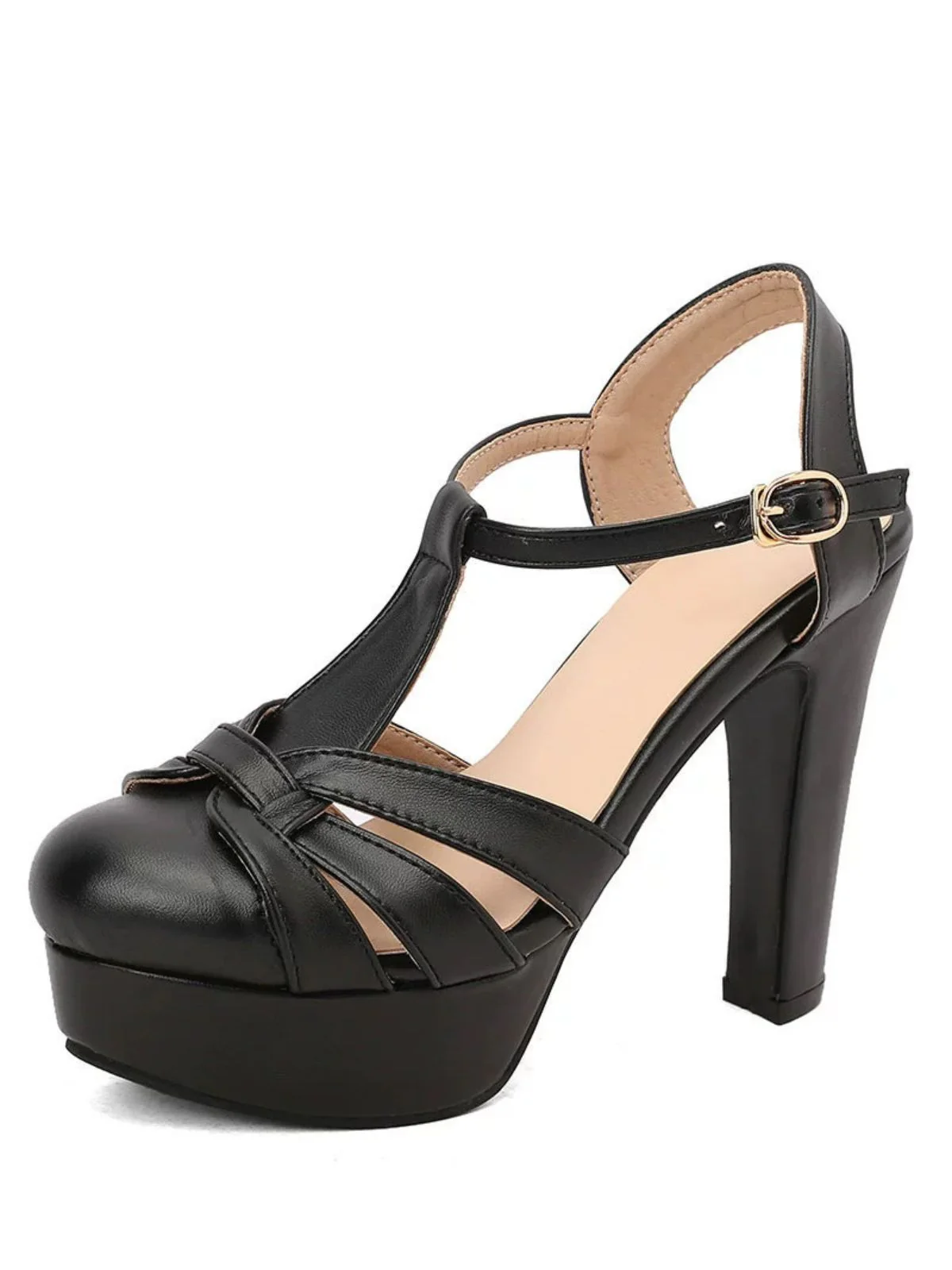 Round Toe T-Strap Chunky Block Heel Platform Sandals - Image 12