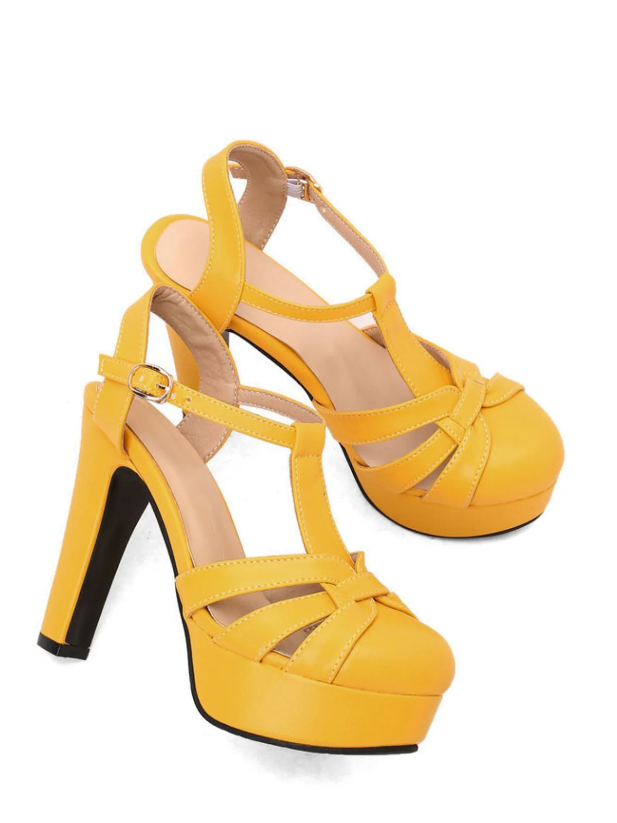 Round Toe T-Strap Chunky Block Heel Platform Sandals - Image 9