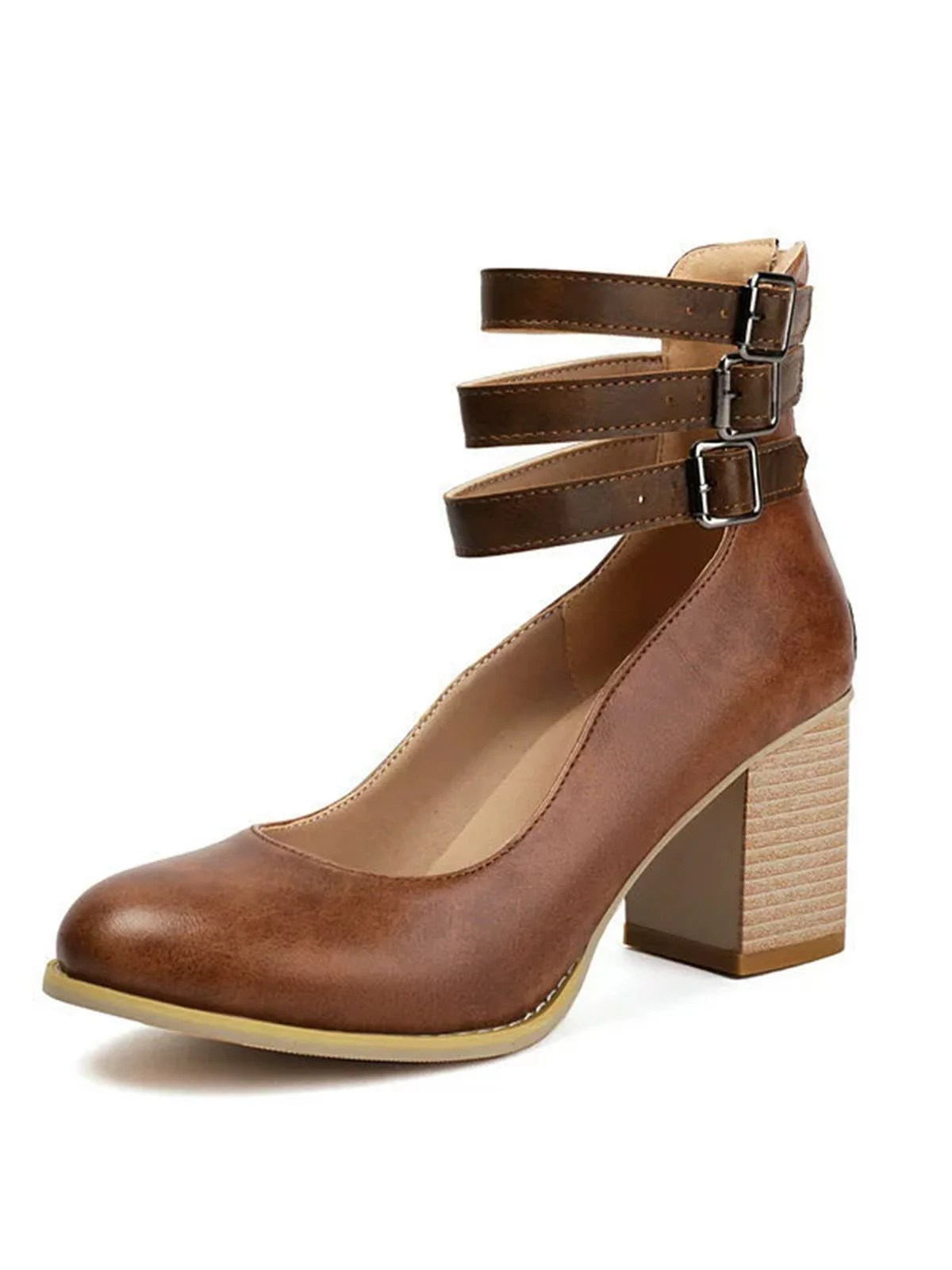 Round Toe Thick-Soled Wood-Grain Chunky Heel Shoes - Image 2