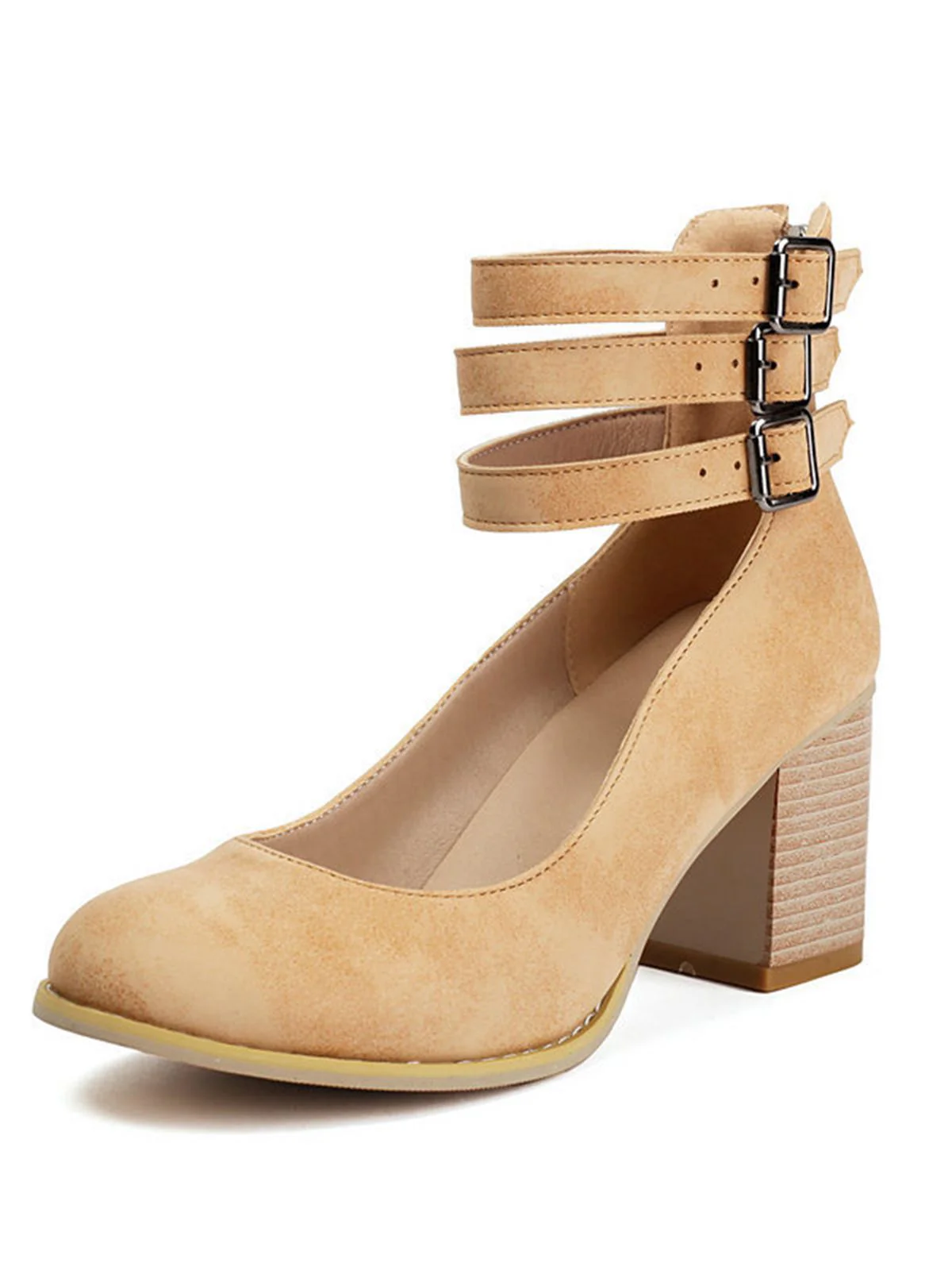 Round Toe Thick-Soled Wood-Grain Chunky Heel Shoes - Image 3