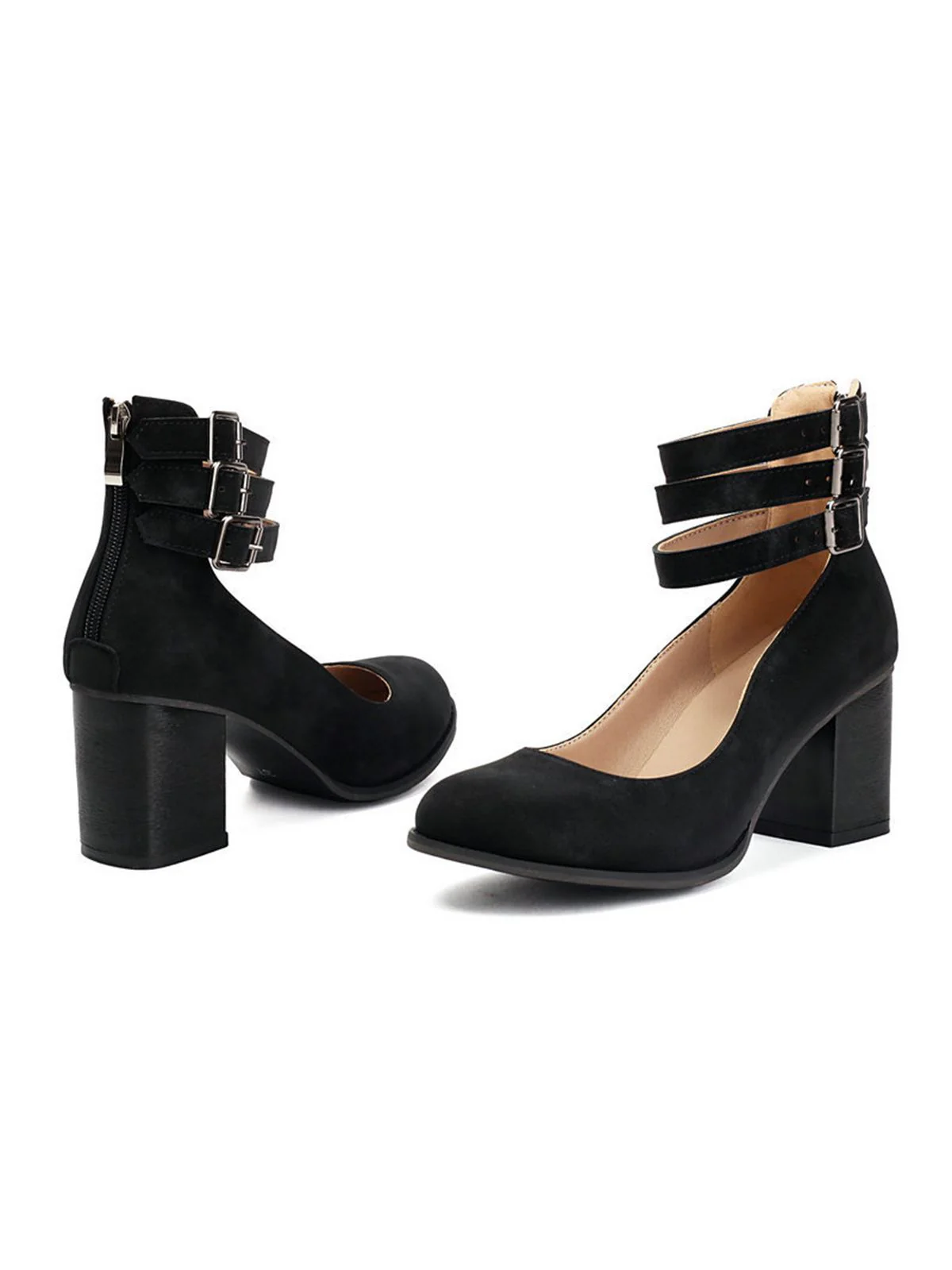 Round Toe Thick-Soled Wood-Grain Chunky Heel Shoes - Image 4