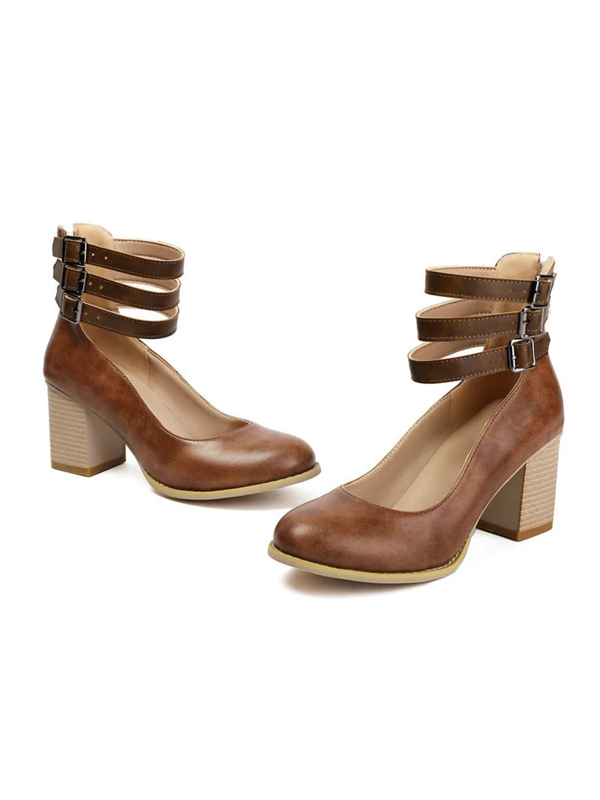 Round Toe Thick-Soled Wood-Grain Chunky Heel Shoes - Image 5