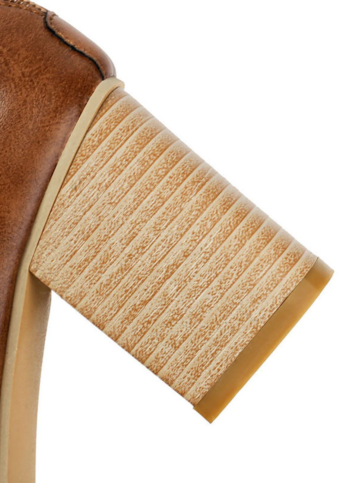 Round Toe Thick-Soled Wood-Grain Chunky Heel Shoes - Image 7