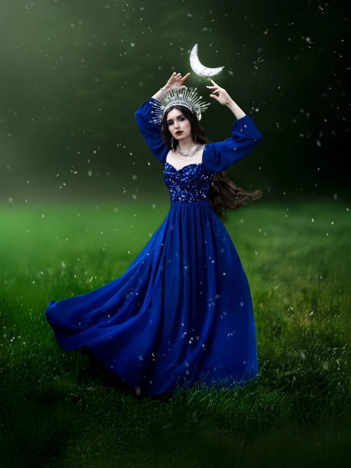 Royal Blue 1920s Sequined Sweetheart Neck Maxi Dress - Image 3