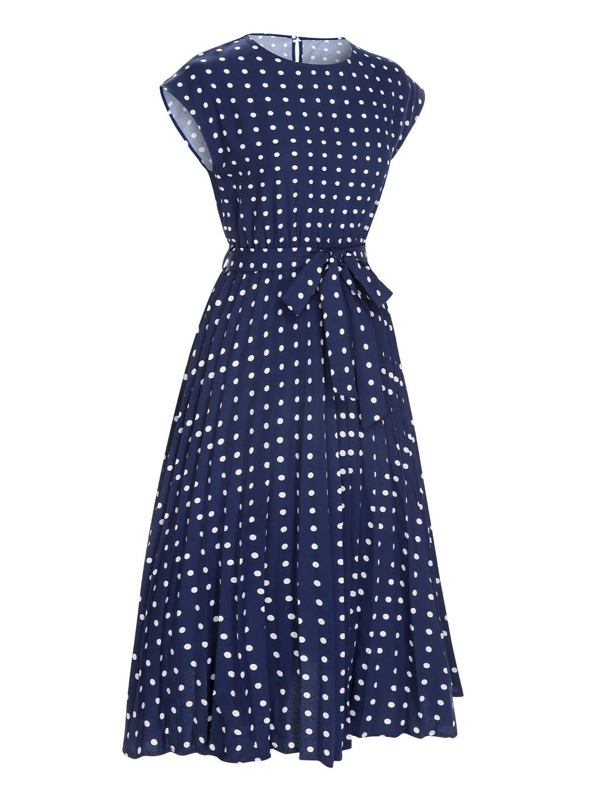 Royal Blue 1940s Polka Dots Belt Cap Dress - Image 2
