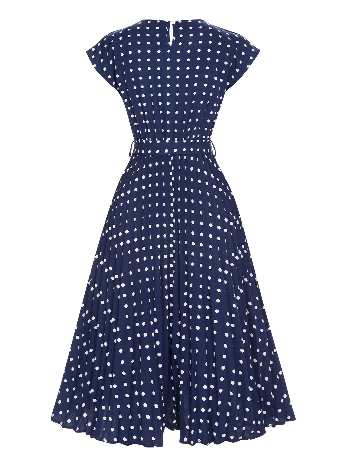 Royal Blue 1940s Polka Dots Belt Cap Dress - Image 3