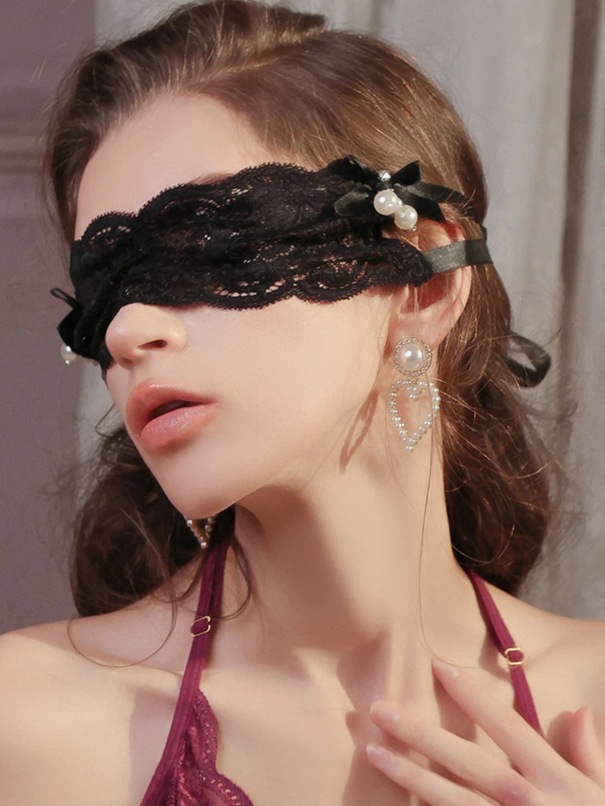 See-Through Pearl Decor Lace Eye Mask - Image 6