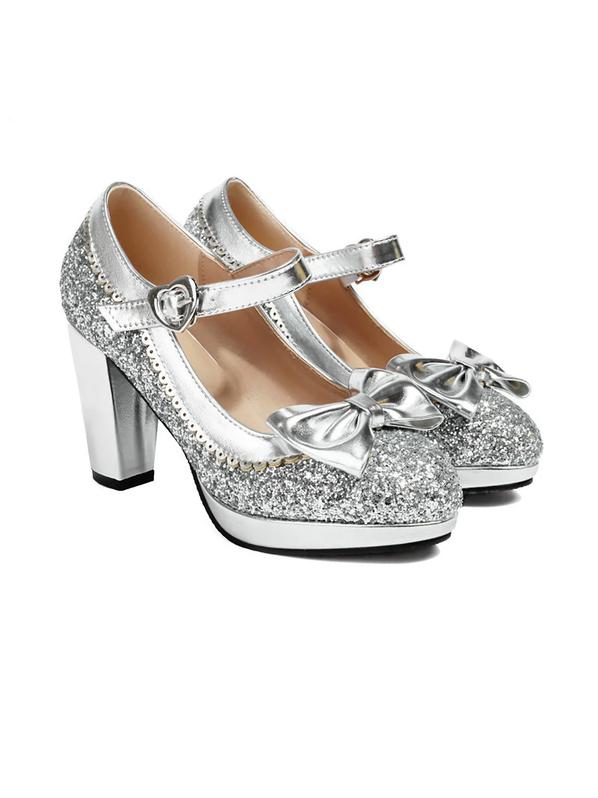 Sequined Bow Chunky High Heels - Image 11