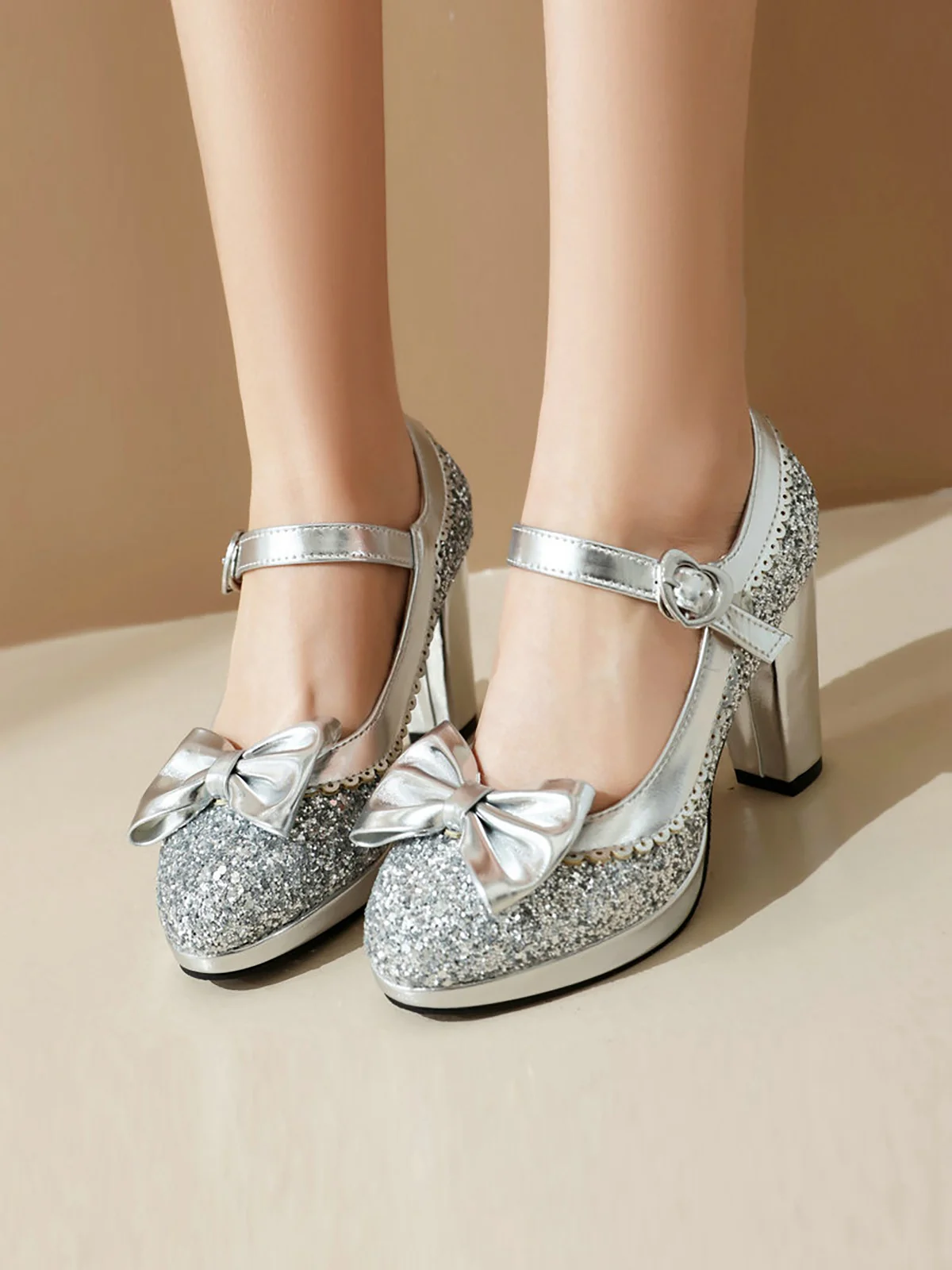 Sequined Bow Chunky High Heels - Image 12