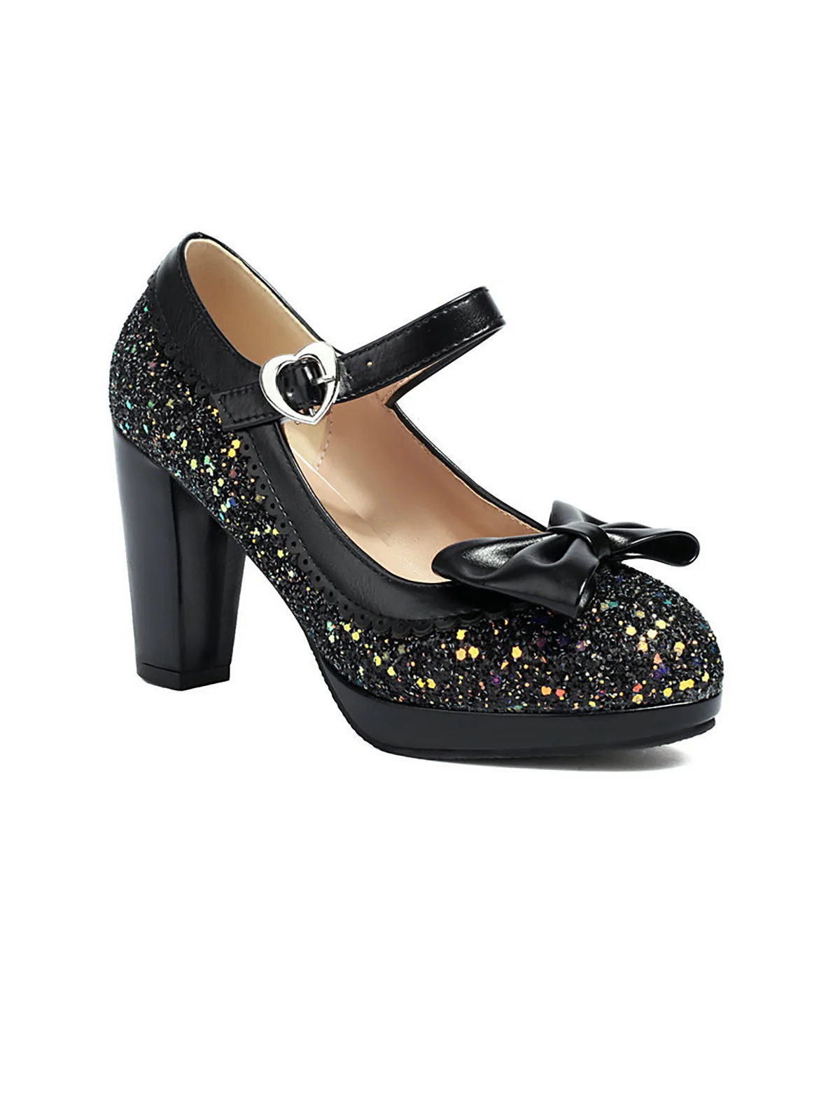 Sequined Bow Chunky High Heels - Image 5
