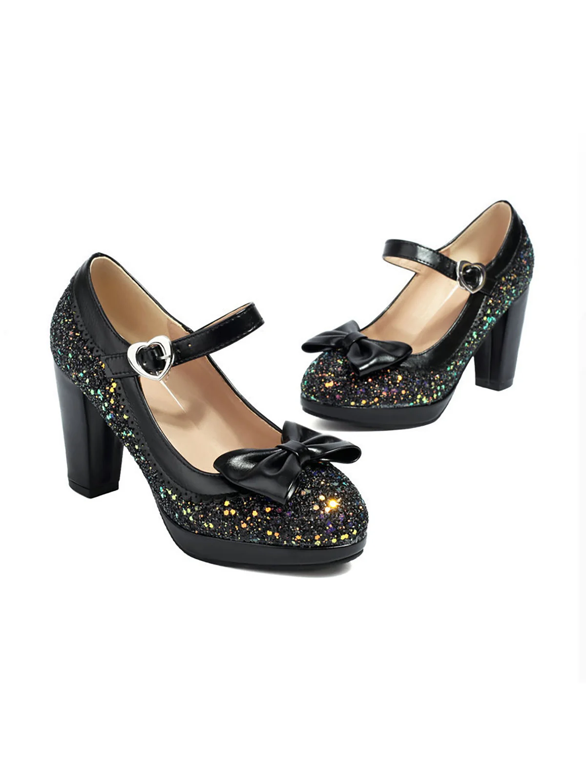 Sequined Bow Chunky High Heels - Image 6