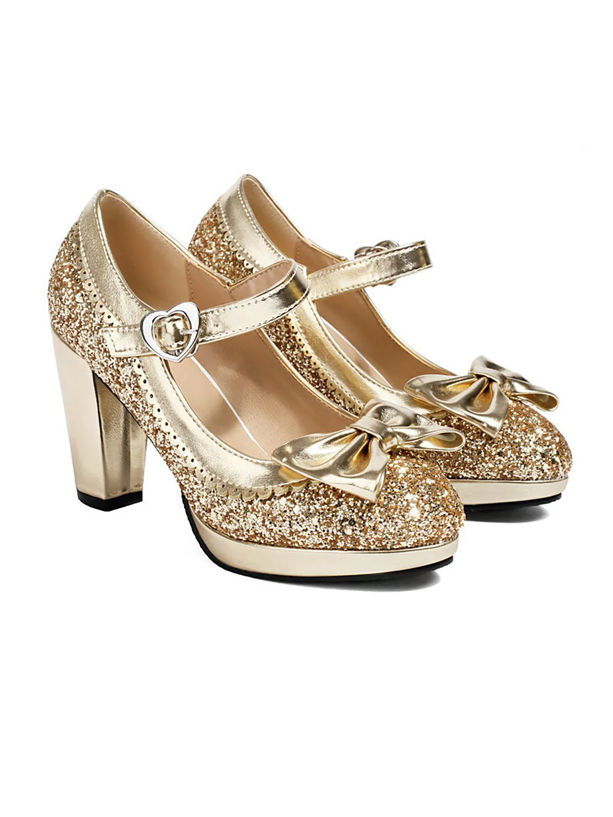 Sequined Bow Chunky High Heels - Image 7