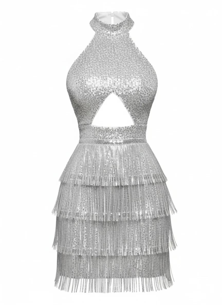Silver 1920s Halter Sequin Fringe Cutout Party Dress - Image 2