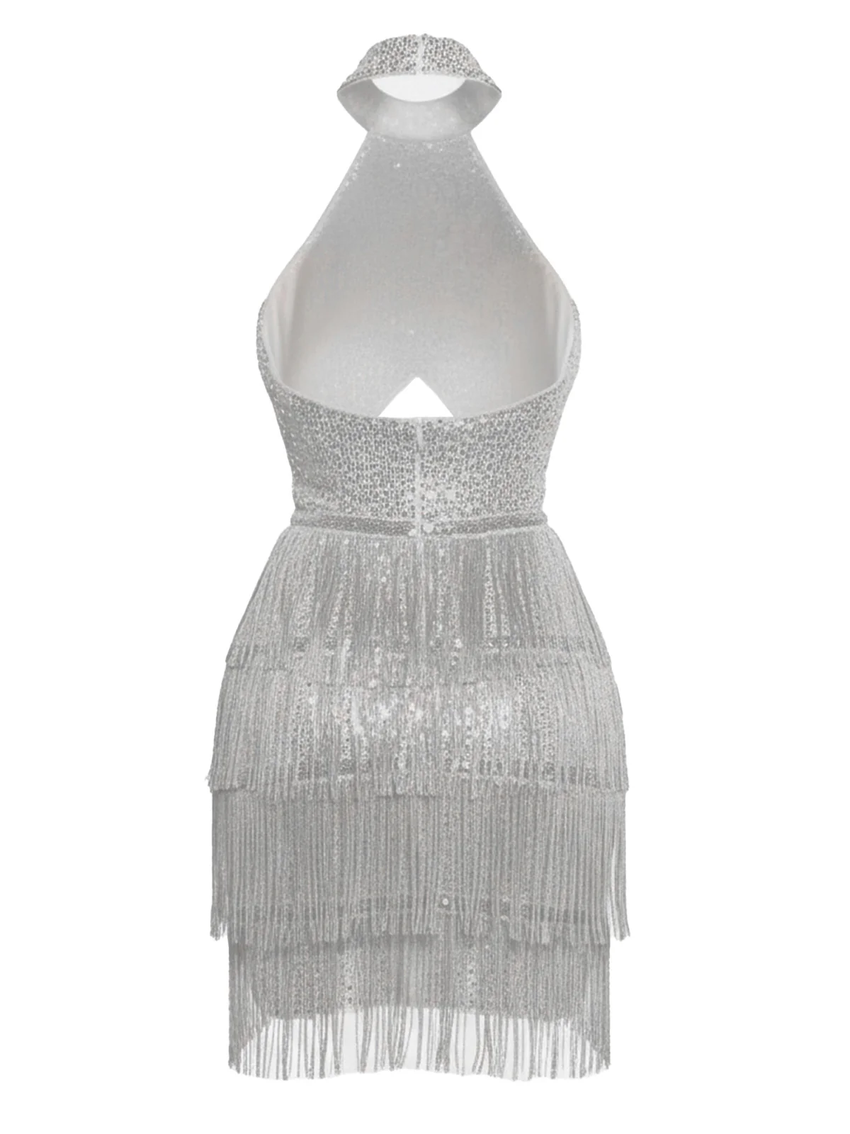 Silver 1920s Halter Sequin Fringe Cutout Party Dress - Image 4