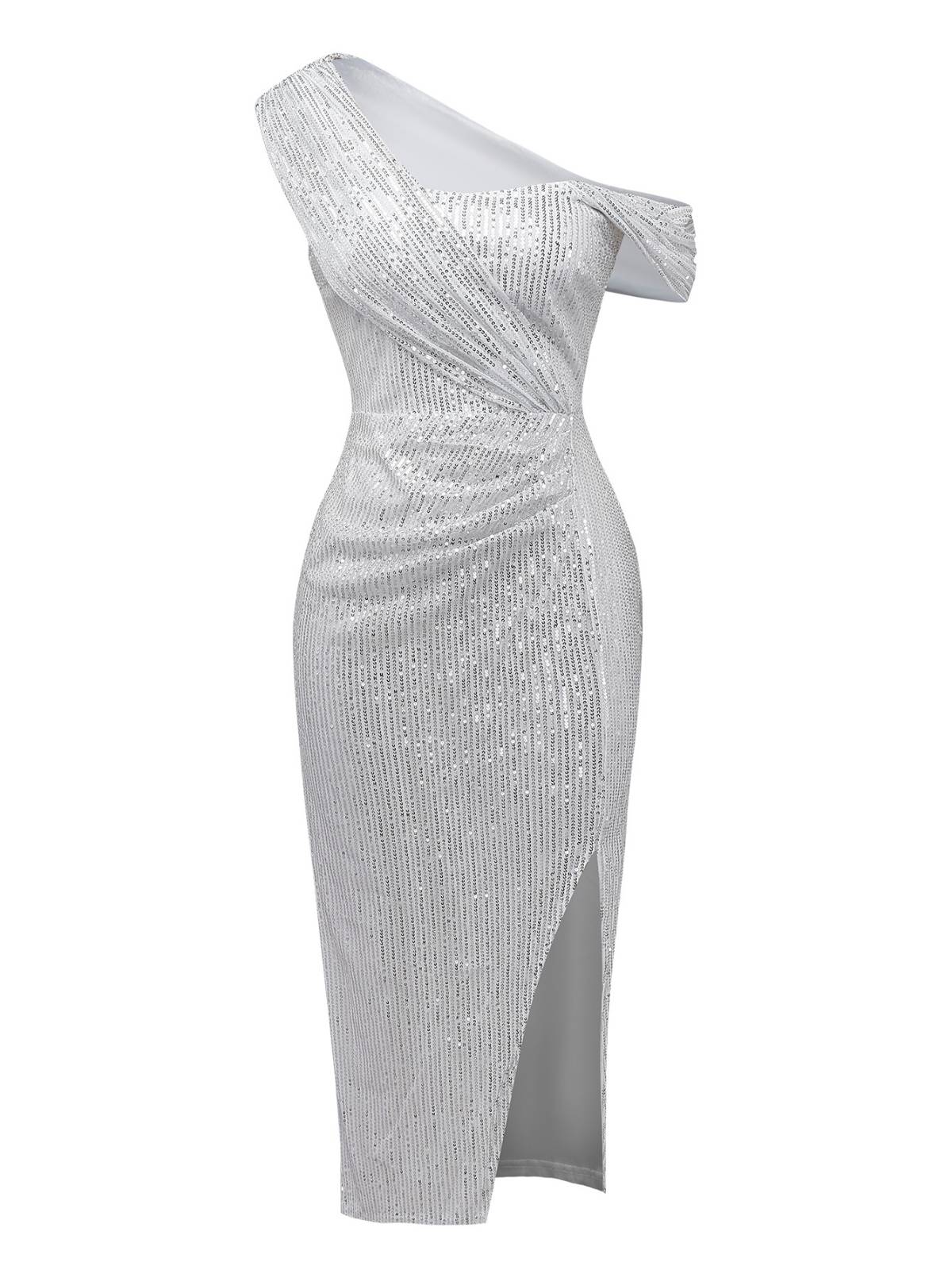 Silver 1920s Sequin One-Shoulder Side-Slit Dress - Image 2