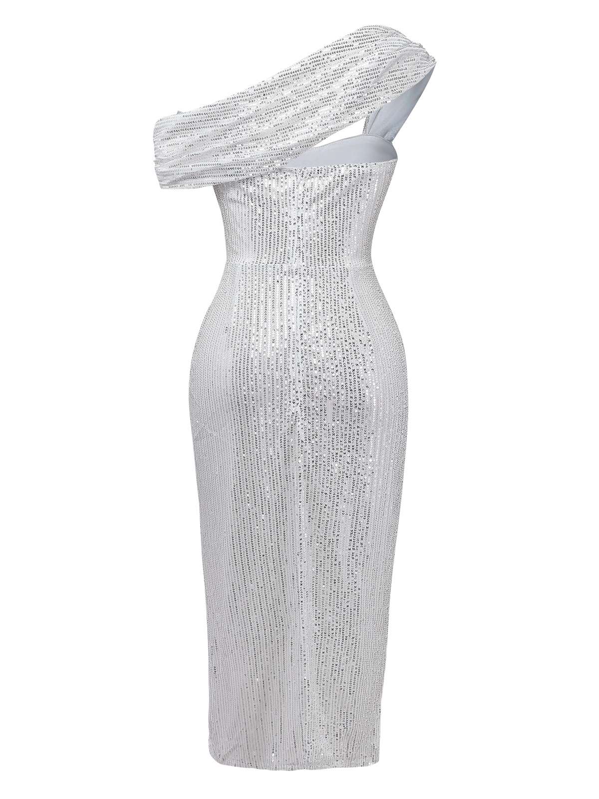 Silver 1920s Sequin One-Shoulder Side-Slit Dress - Image 3