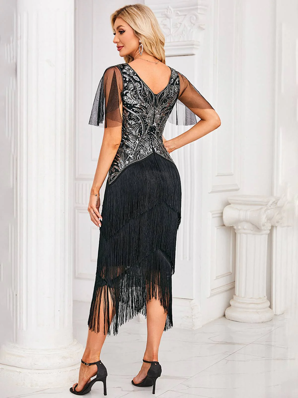 Silver 1920s Sequined Tassel Mesh Patchwork Dress - Image 2