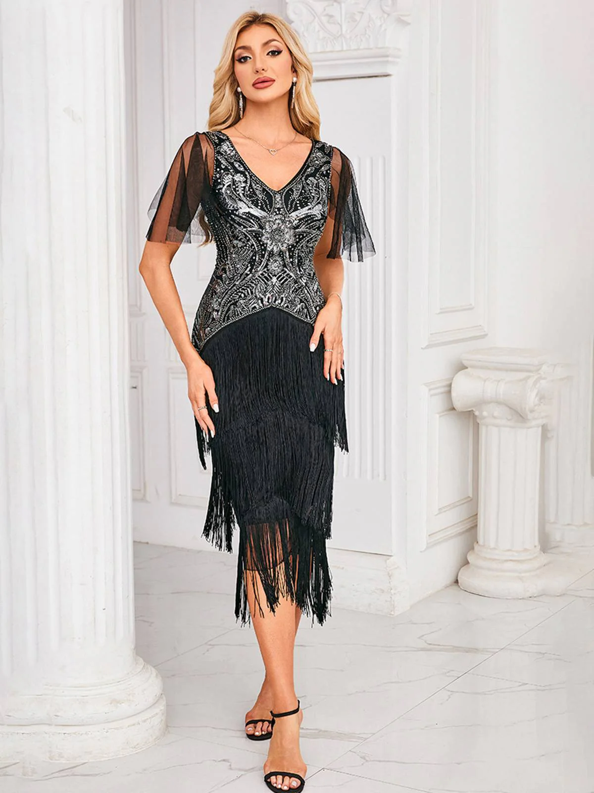 Silver 1920s Sequined Tassel Mesh Patchwork Dress - Image 3