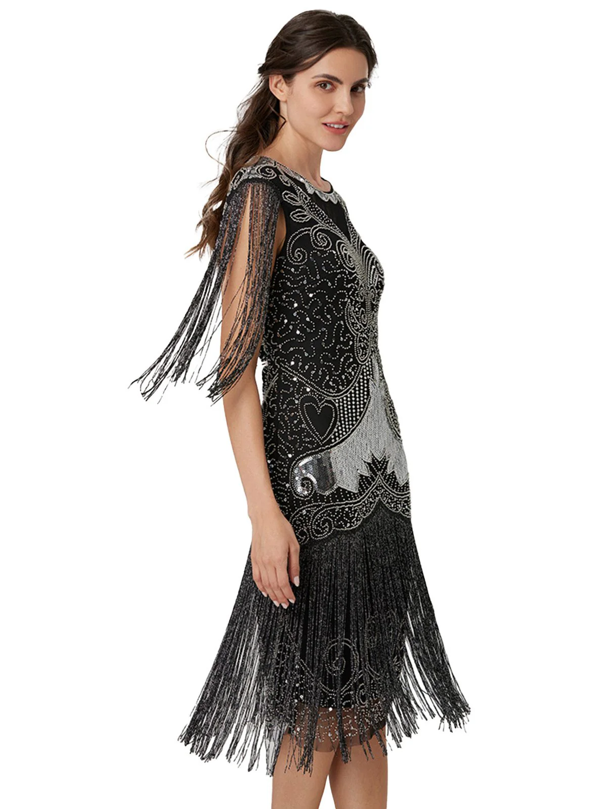 Silver 1920s Sequined Tassel Mesh Patchwork Dress - Image 2