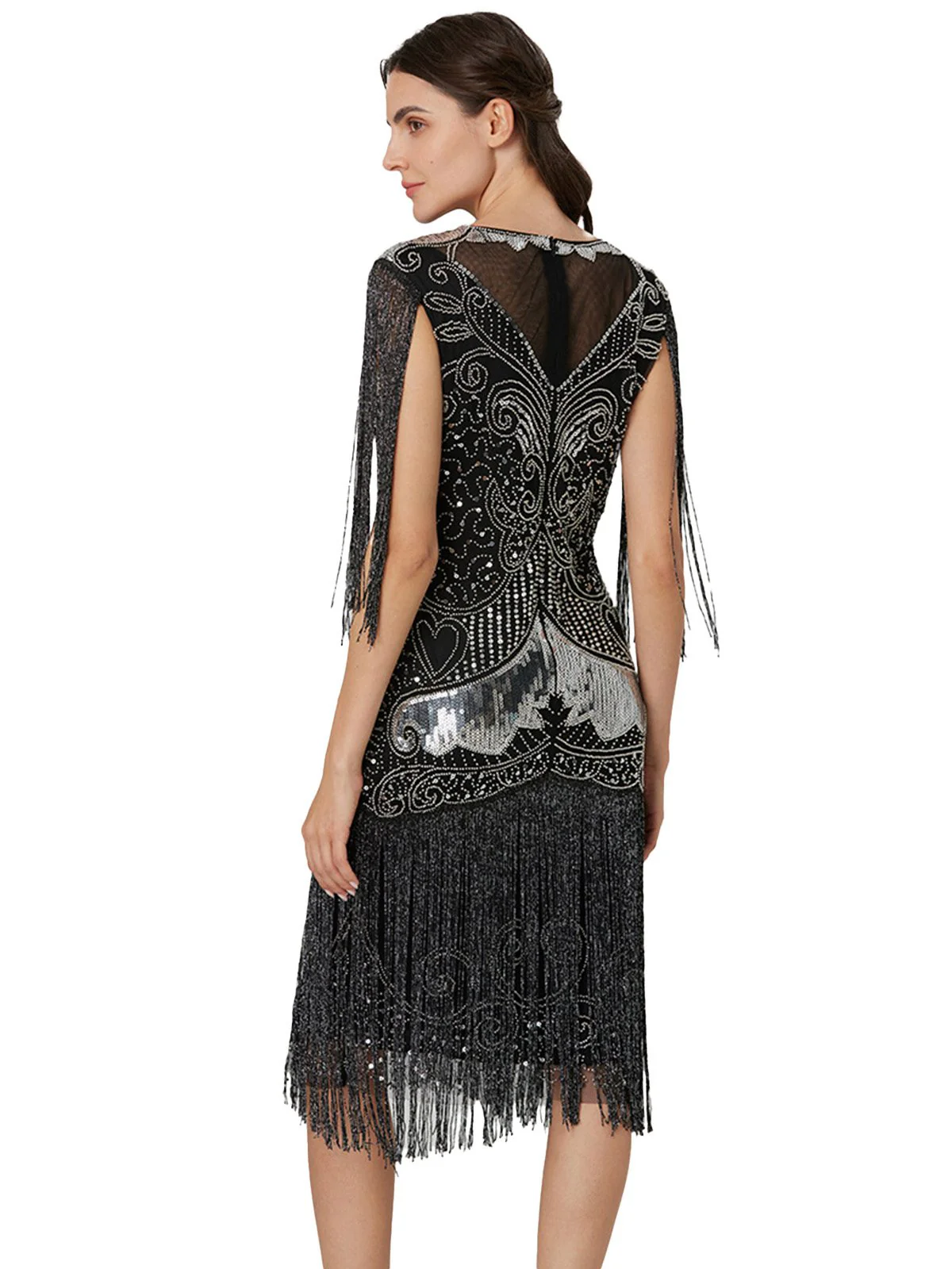 Silver 1920s Sequined Tassel Mesh Patchwork Dress - Image 3
