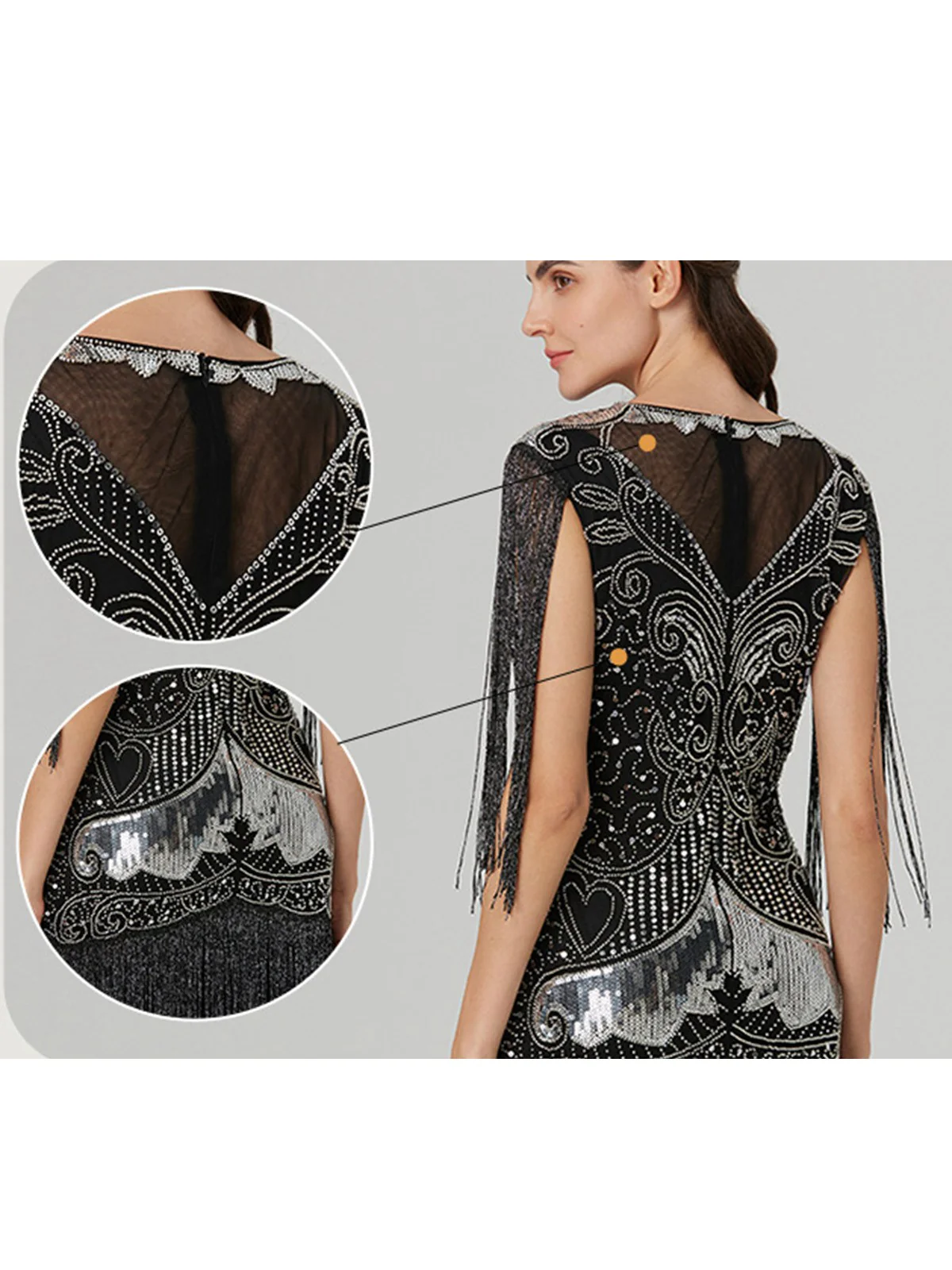 Silver 1920s Sequined Tassel Mesh Patchwork Dress - Image 4