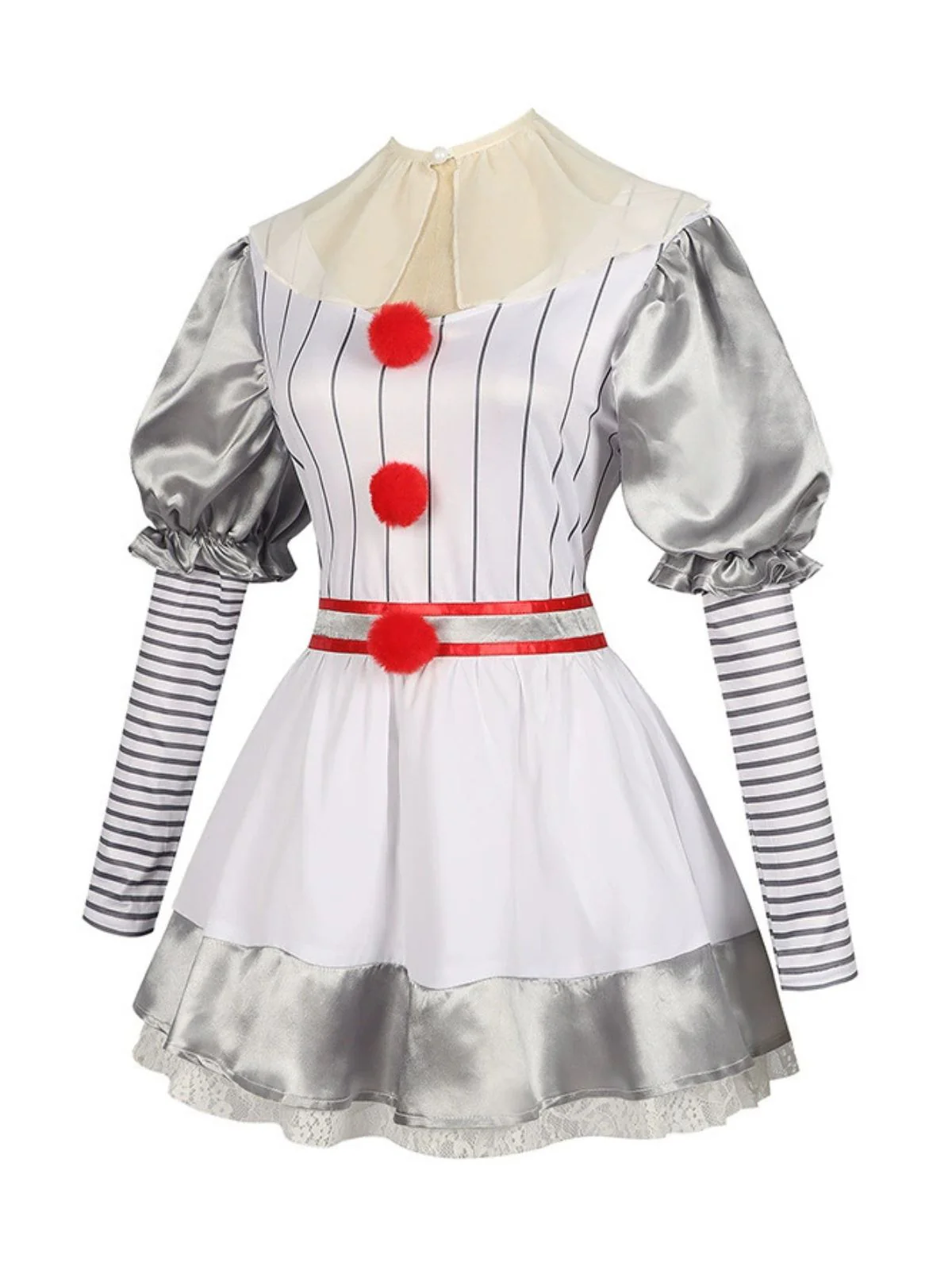Silver 1960s Halloween IT Pennywise Striped Puff Sleeve Puffy Dress - Image 2