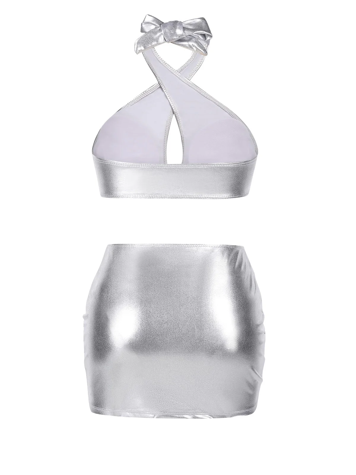 Silver 1960s Laser Drawstring Cross Halter Swimsuit - Image 2