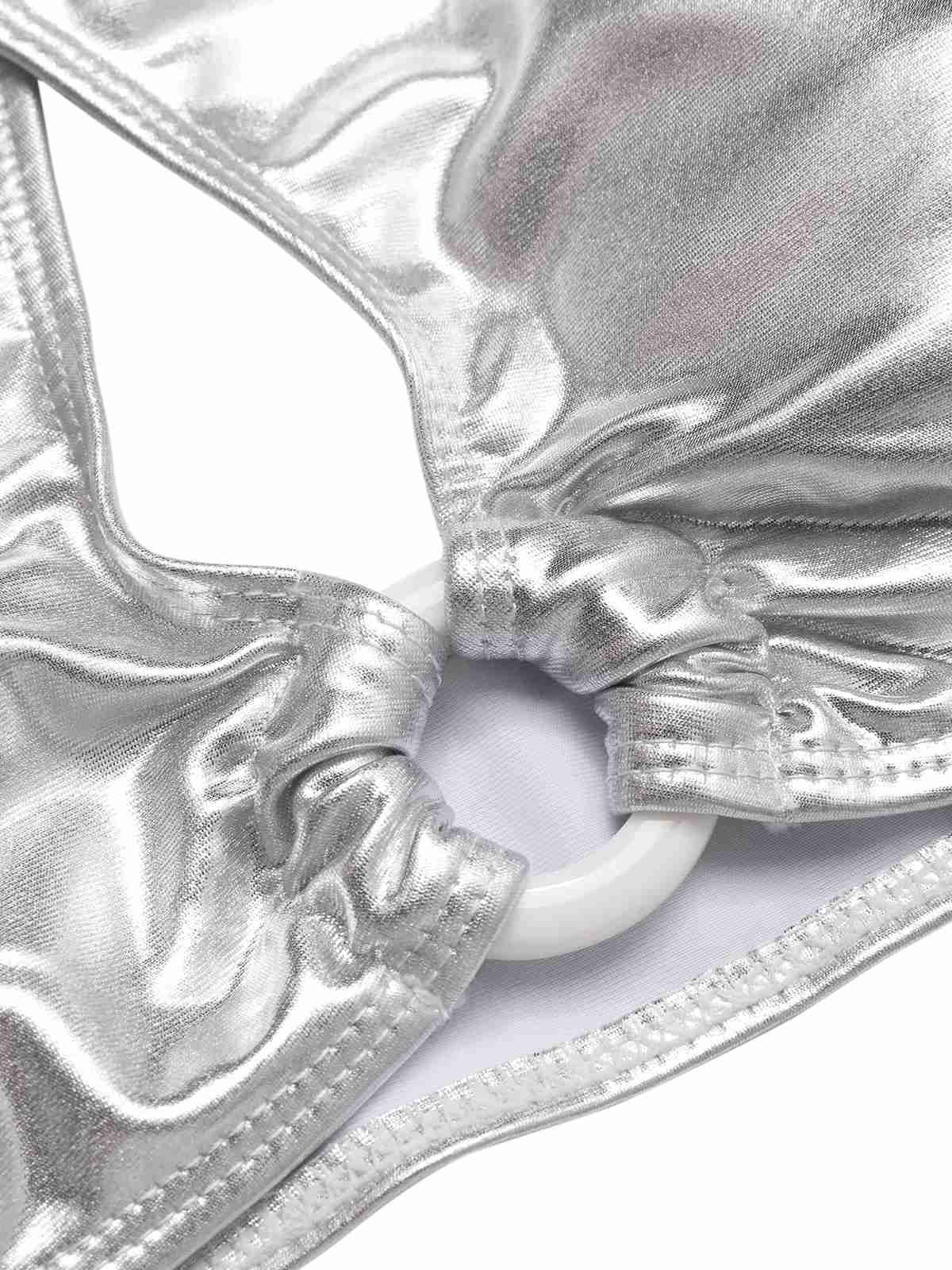 Silver 1960s Laser Drawstring Cross Halter Swimsuit - Image 3
