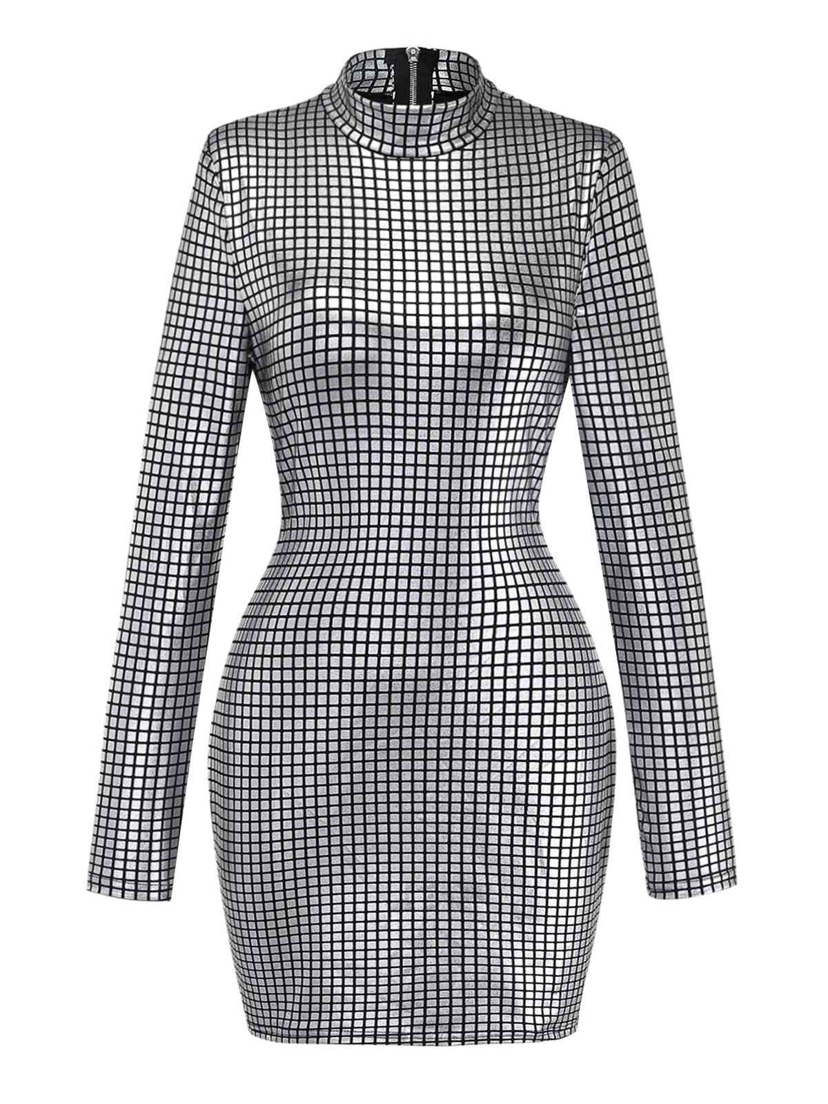 Silver 1960s Sparkly Square Sequin Mock Neck Mini Dress - Image 2