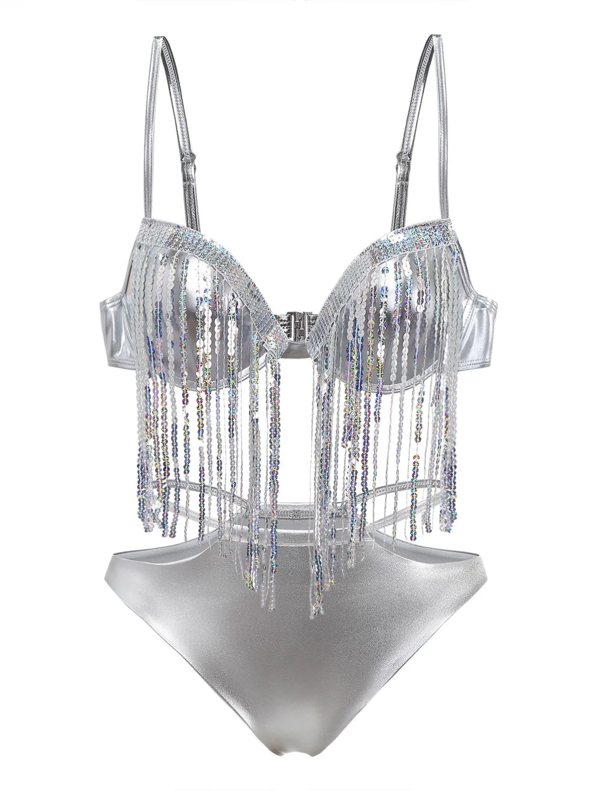 Silver 1970s Holographic Sequin Fringe Bikini Set - Image 2