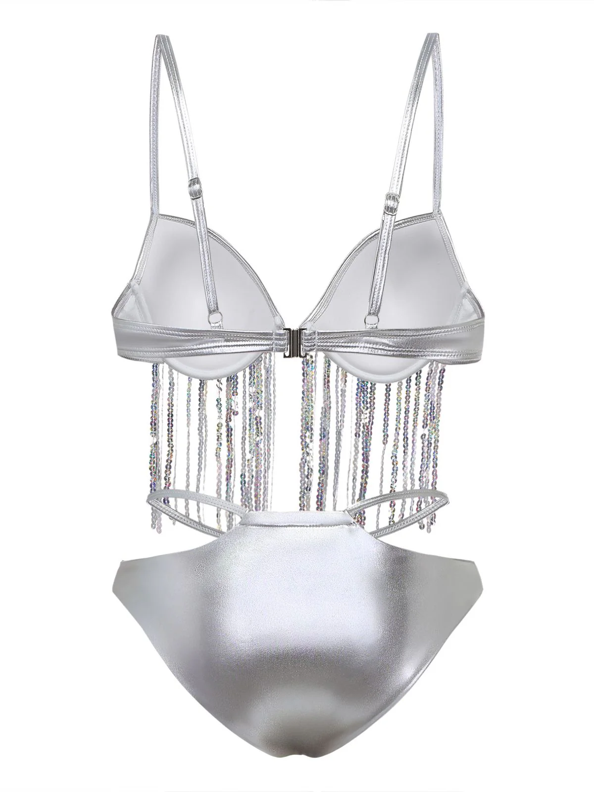Silver 1970s Holographic Sequin Fringe Bikini Set - Image 3
