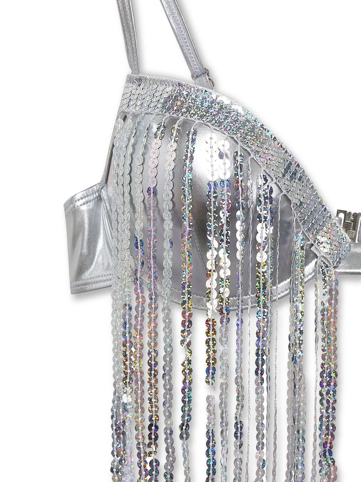 Silver 1970s Holographic Sequin Fringe Bikini Set - Image 4