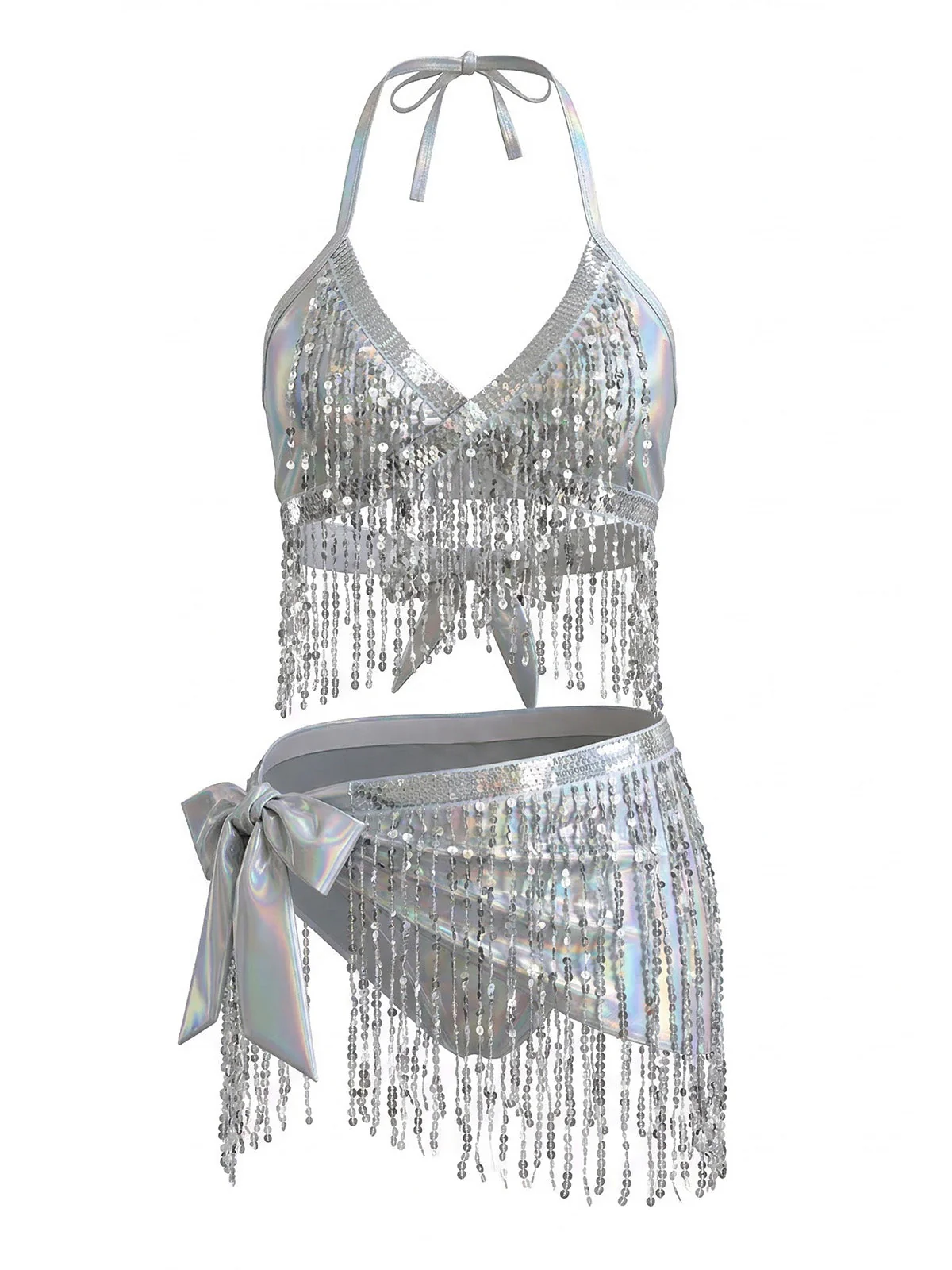 Silver 1970s Holographic Sequin Fringe Bikini Set & Cover-up - Image 2