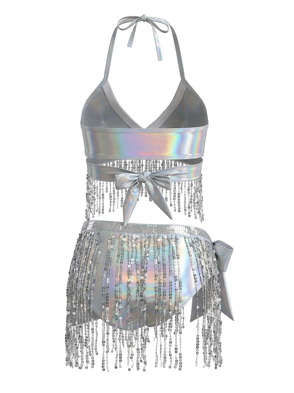 Silver 1970s Holographic Sequin Fringe Bikini Set & Cover-up - Image 3