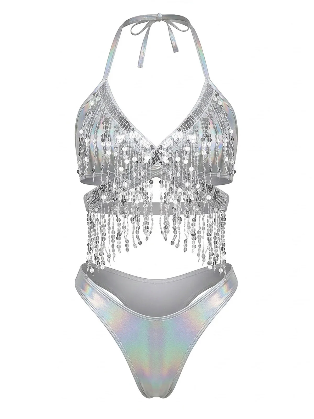 Silver 1970s Holographic Sequin Fringe Bikini Set & Cover-up - Image 4