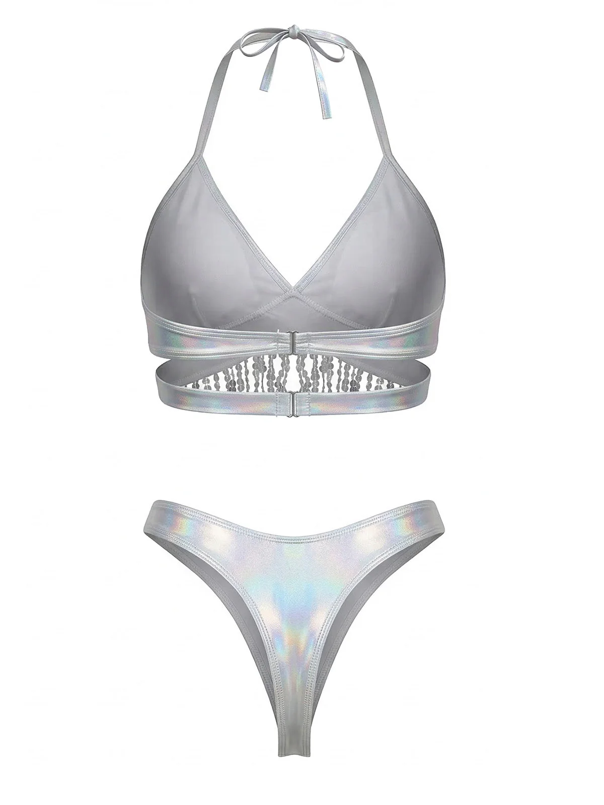 Silver 1970s Holographic Sequin Fringe Bikini Set & Cover-up - Image 5