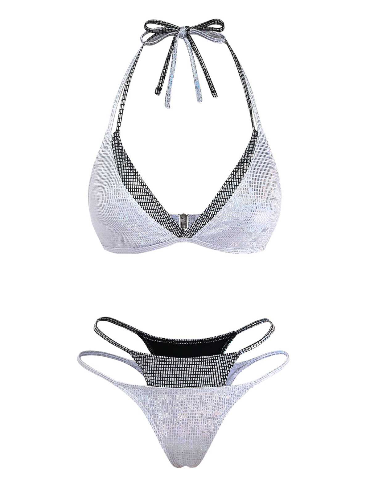 Silver 1980s Halter Shimmer Fake Two-Piece Bikini Set - Image 2